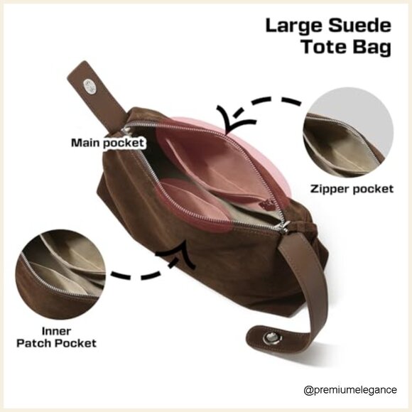 Genuine Leather Suede Hobo Tote Bag, Adjustable Strap, Large Capacity - Picture 5 of 7